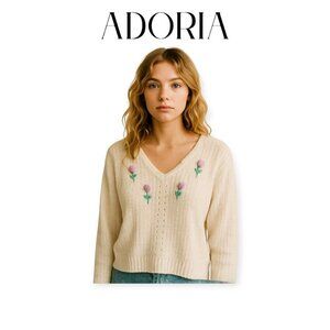 Adoria Vintage Y2K Floral Embellished Knit Sweater V Neck Small Light Spring